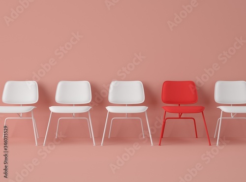 3D Illustration. Row of chairs with one with different colour.