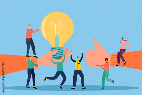 Vector illustration.People follow new ideas. In the background, a hand showing the class and a hand holding a light bulb.The concept of joint brainstorming, searching for ideas and teamwork.