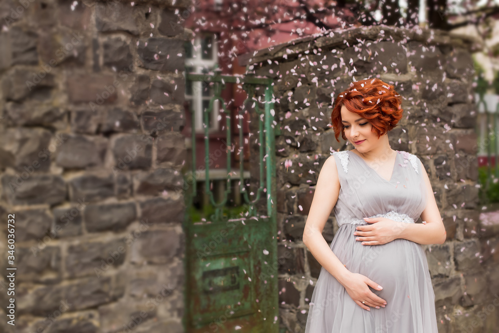 pregnant red-haired girl. pregnant blossoms of Apple trees. pregnant woman in a grey dress