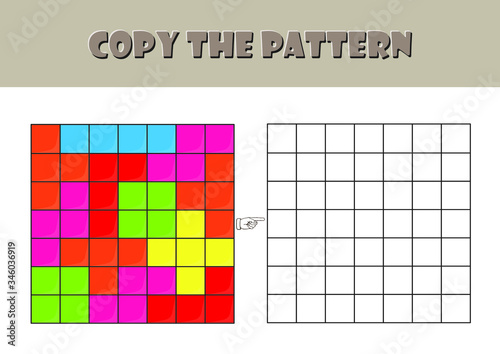 fun activity pages for preschool and kindergarten, Color Visual Motor and Visual Spatial activity,  Visual perception worksheet, pixel art, coloring page, copy the pattern