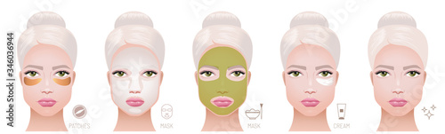 Beautiful leafy woman. Skin care application of cosmetic products: hydrogel eye patches, facial sheet mask, organic mask and  moisturiser cream. Vector realistic illustration.
