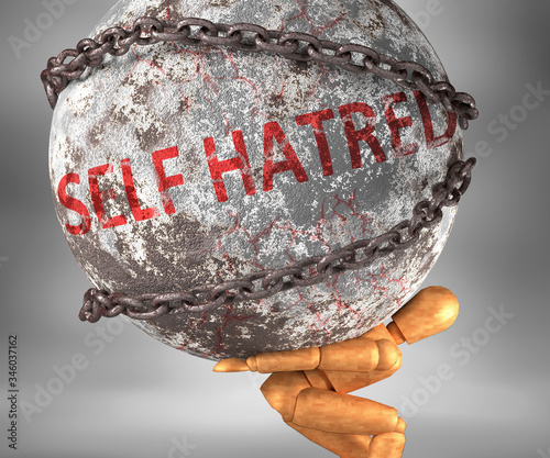 Bilde på lerret Self hatred and hardship in life - pictured by word Self hatred as a heavy weigh