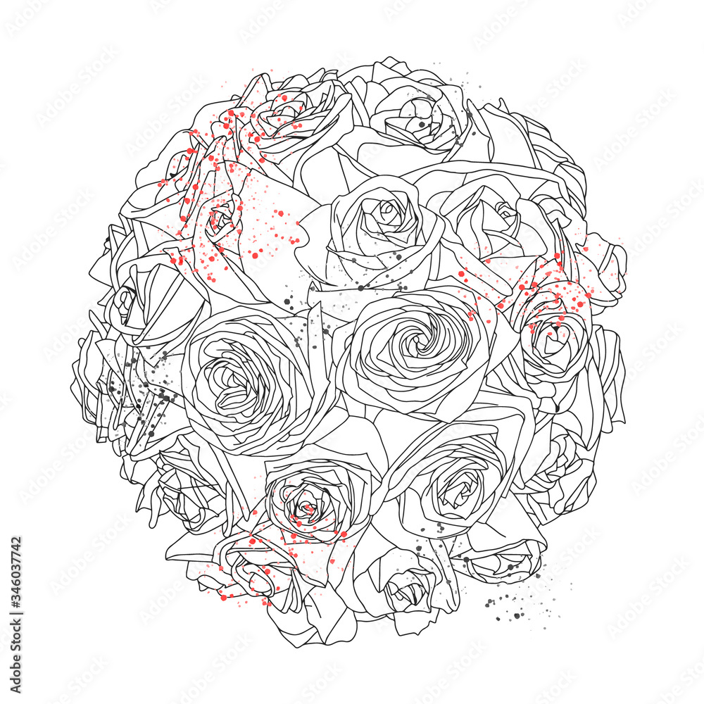 Φωτογραφία Vector graphic illustration of hand drawn beautiful bouquet of roses isolated black and white colors with inc blots, drops