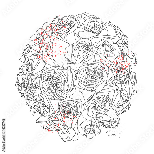 Vector graphic illustration of hand drawn beautiful bouquet of roses isolated black and white colors with inc blots, drops. Line artistic sketch, art drawing. Print for cards, backgrounds