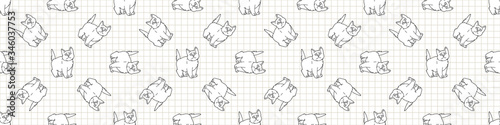 Cute cartoon monochrome British shorthair kitten seamless vector border. Pedigree lineart kitty breed domestic kitty background. Cat lover English purebred all over print. Feline EPS 10. 