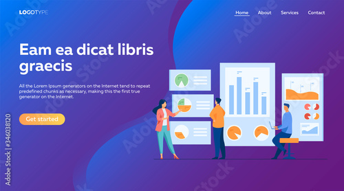 Office workers analyzing and researching business data vector illustration. Marketing analysts developing strategy. Business people studying infographics and diagrams on dashboard