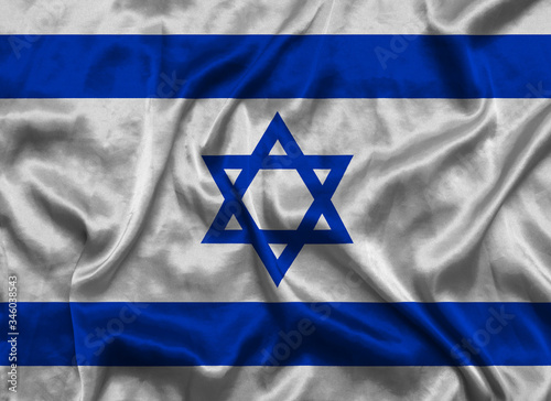 Israel national flag background with fabric texture. Flag of Israel waving in the wind. 3D illustration