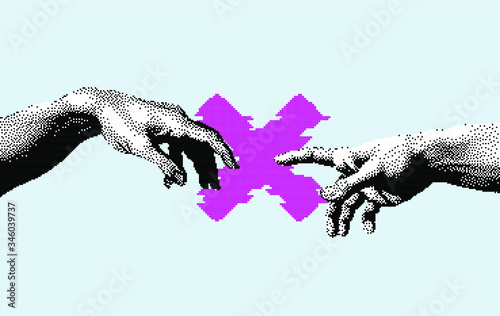 Hands not going to touch together. Concept of social distancing during COVID-19 and quarantine. Pixel art style illustration.