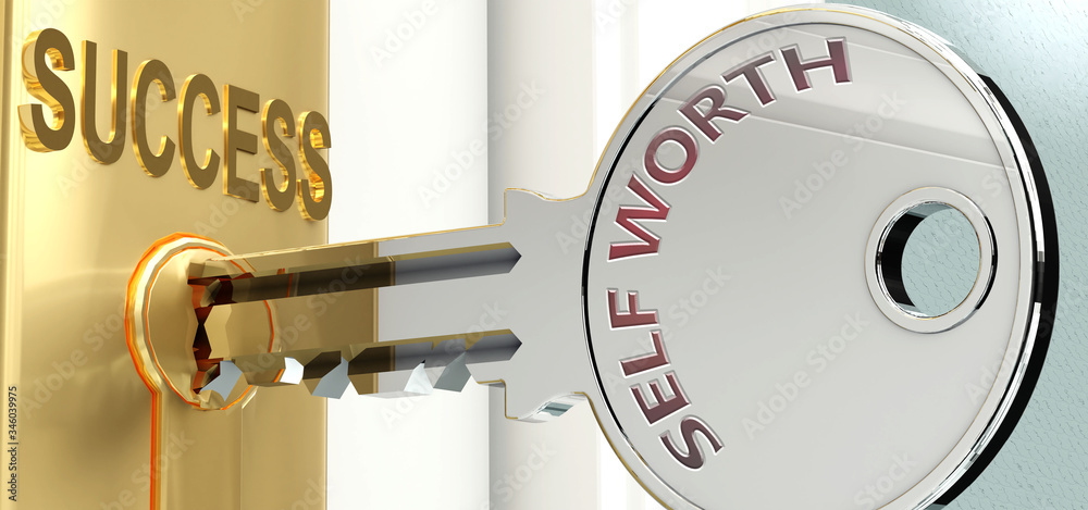 Εκτύπωση καμβά Self worth and success - pictured as word Self worth on a key, to symbolize that