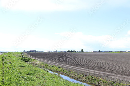 White hot day over the plowed farmland not to far from the big city