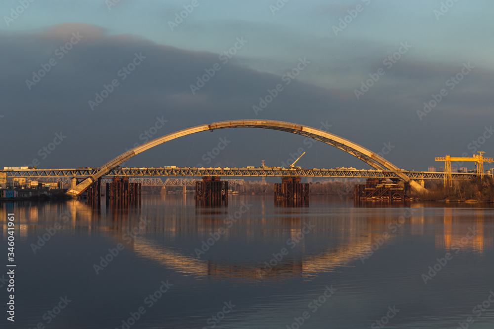 Landscape view of suspension bridge over the river Landscape view of suspension bridge over the river