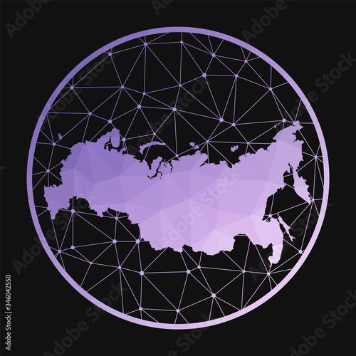 Russia icon. Vector polygonal map of the country. Russia icon in geometric style. The country map with purple low poly gradient on dark background.