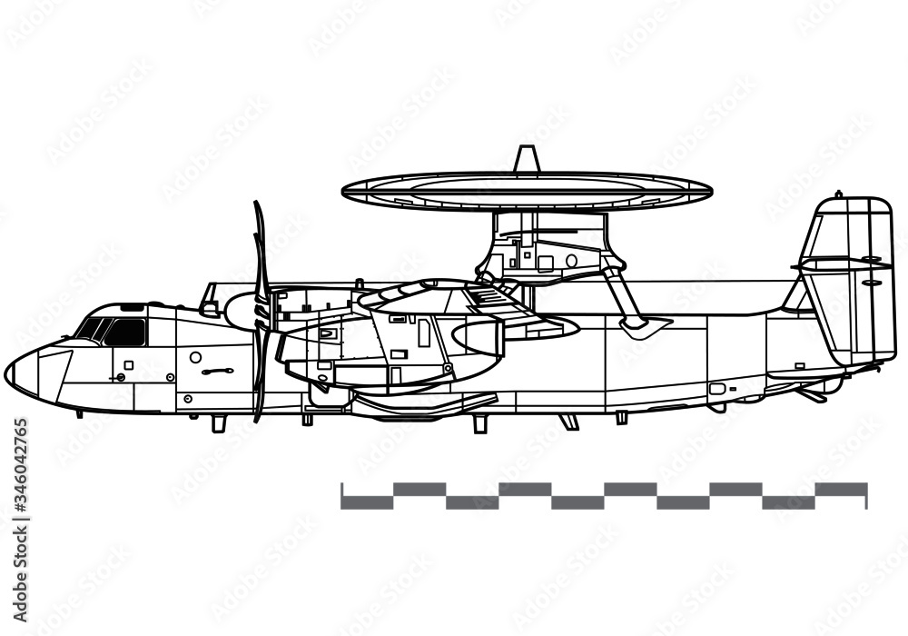 Northrop Grumman E-2D Advanced Hawkeye. Vector drawing of airborne early warning aircraft. Side view. Image for illustration and infographics.