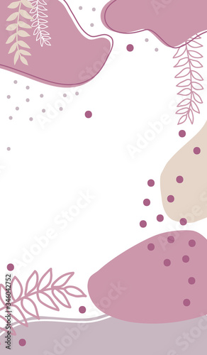 Abstract vertical background with leaves, dots and shapes. Background for mobile app page minimalistic style. Vector illustration. White, pink and beige.