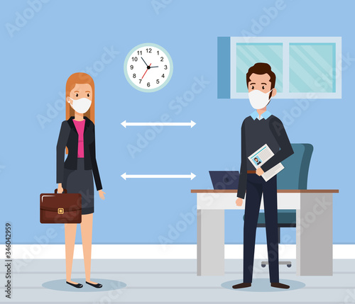 business couple using face mask and social distancing for covid19 vector illustration design photo