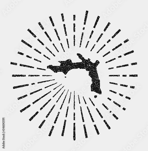 Vintage map of Peter Island. Grunge sunburst around the island. Black Peter Island shape with sun rays on white background. Vector illustration.