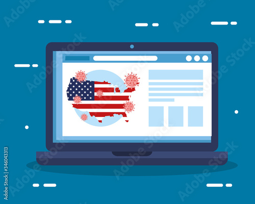 laptop with usa flag in map covid19 pandemic vector illustration design