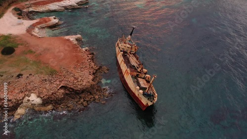 Aerial drone video of wrecked ship on Cyprus coast near Pegeia town