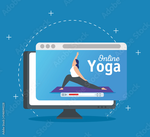 woman practicing yoga online technology vector illustration design