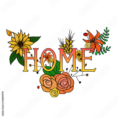 word home with doodles of orang and yellow autumn flowers