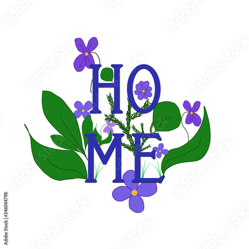 word home with stacked letters and purple spring flower doodles