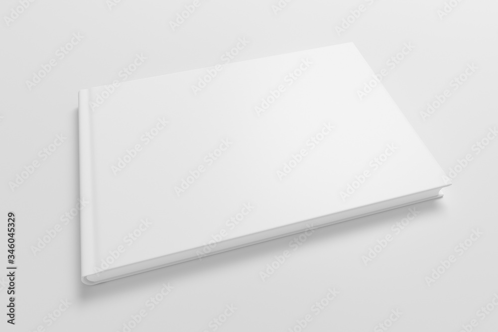 Blank horizontal book cover mock up on white background. Wide angle side view in perspective . 3d illustration Blank horizontal book cover mock up on white background. Wide angle side view in perspective . 3d illustration