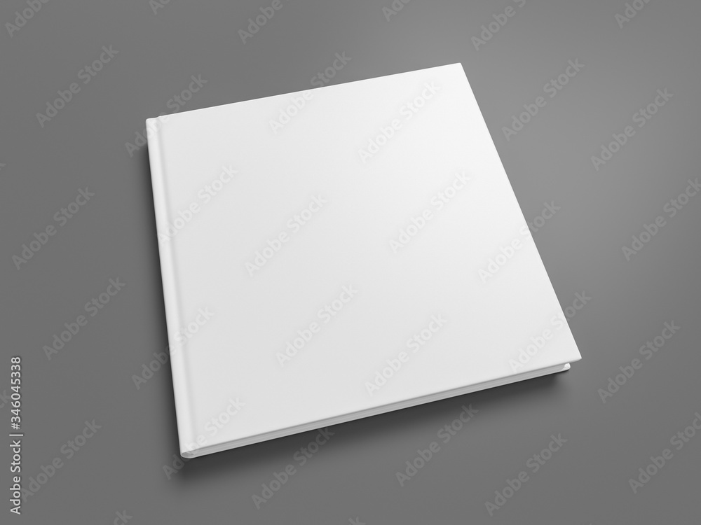 Blank square book cover mock up on gray background. Wide angle side view in perspective . 3d illustration Blank square book cover mock up on gray background. Wide angle side view in perspective . 3d illustration