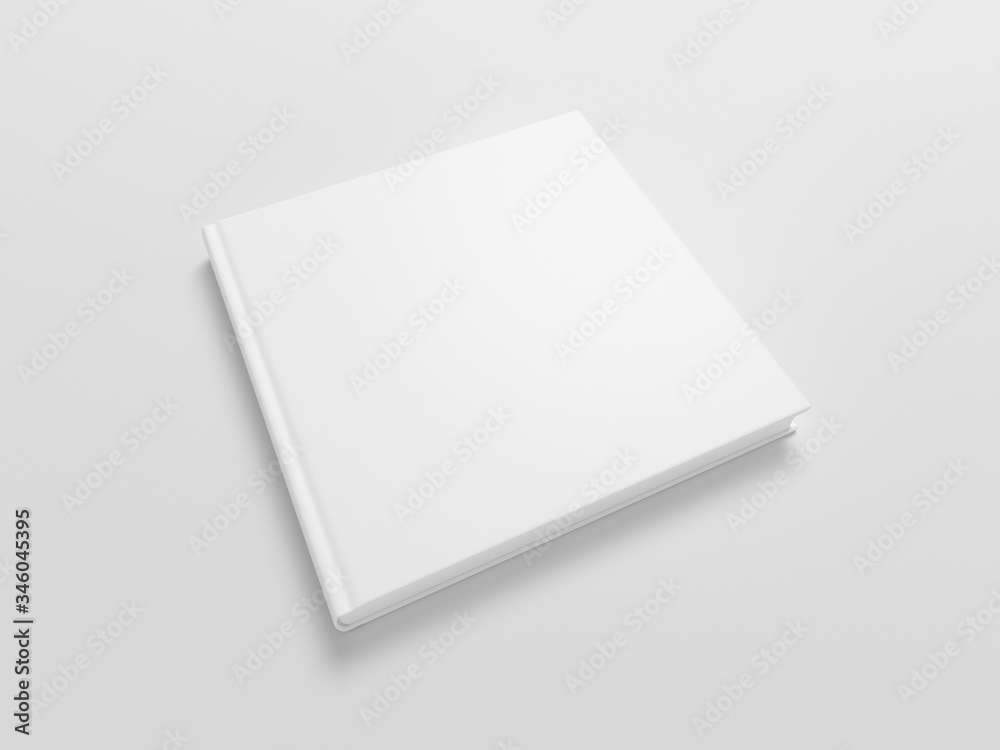 Blank square book cover mock up on white background. Wide angle side view in perspective . 3d illustration Blank square book cover mock up on white background. Wide angle side view in perspective . 3d illustration