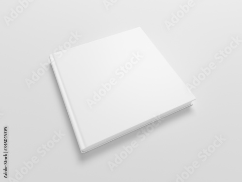 Blank square book cover mock up on white background. Wide angle side view in perspective . 3d illustration