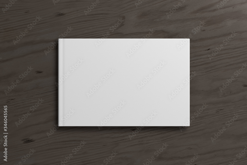 Blank horizontal book cover mock up on black background. View directly above. 3d illustration Blank horizontal book cover mock up on black background. View directly above. 3d illustration