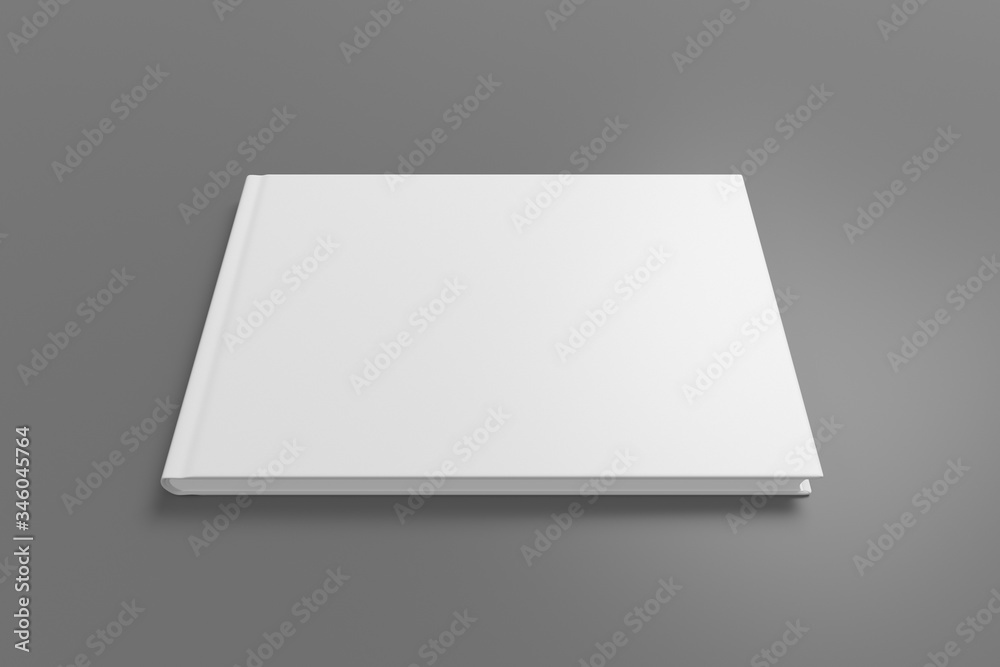 Blank horizontal book cover mock up on gray background. Wide angle side view in perspective . 3d illustration Blank horizontal book cover mock up on gray background. Wide angle side view in perspective . 3d illustration