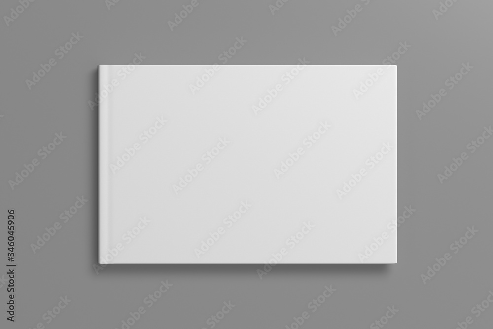 Blank horizontal book cover mock up on gray background. View directly above. 3d illustration