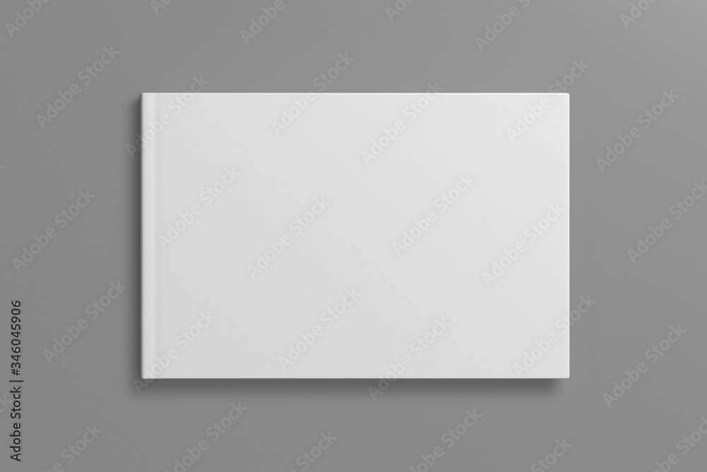 Blank horizontal book cover mock up on gray background. View directly above. 3d illustration Blank horizontal book cover mock up on gray background. View directly above. 3d illustration