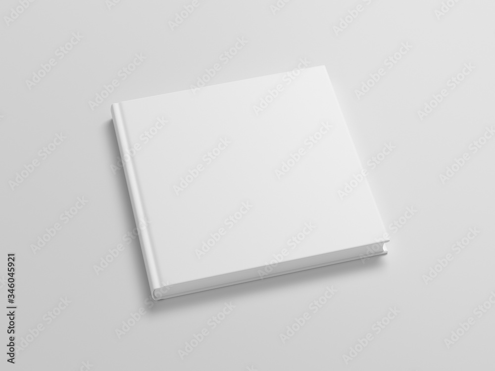 Blank square book cover mock up on white background. Side view. 3d illustration