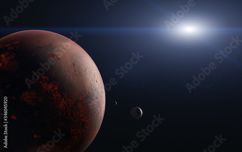Mars planet of Solar sysrem and its moon close up. 3d rendered illustration. Elements of this image furnished by NASA.