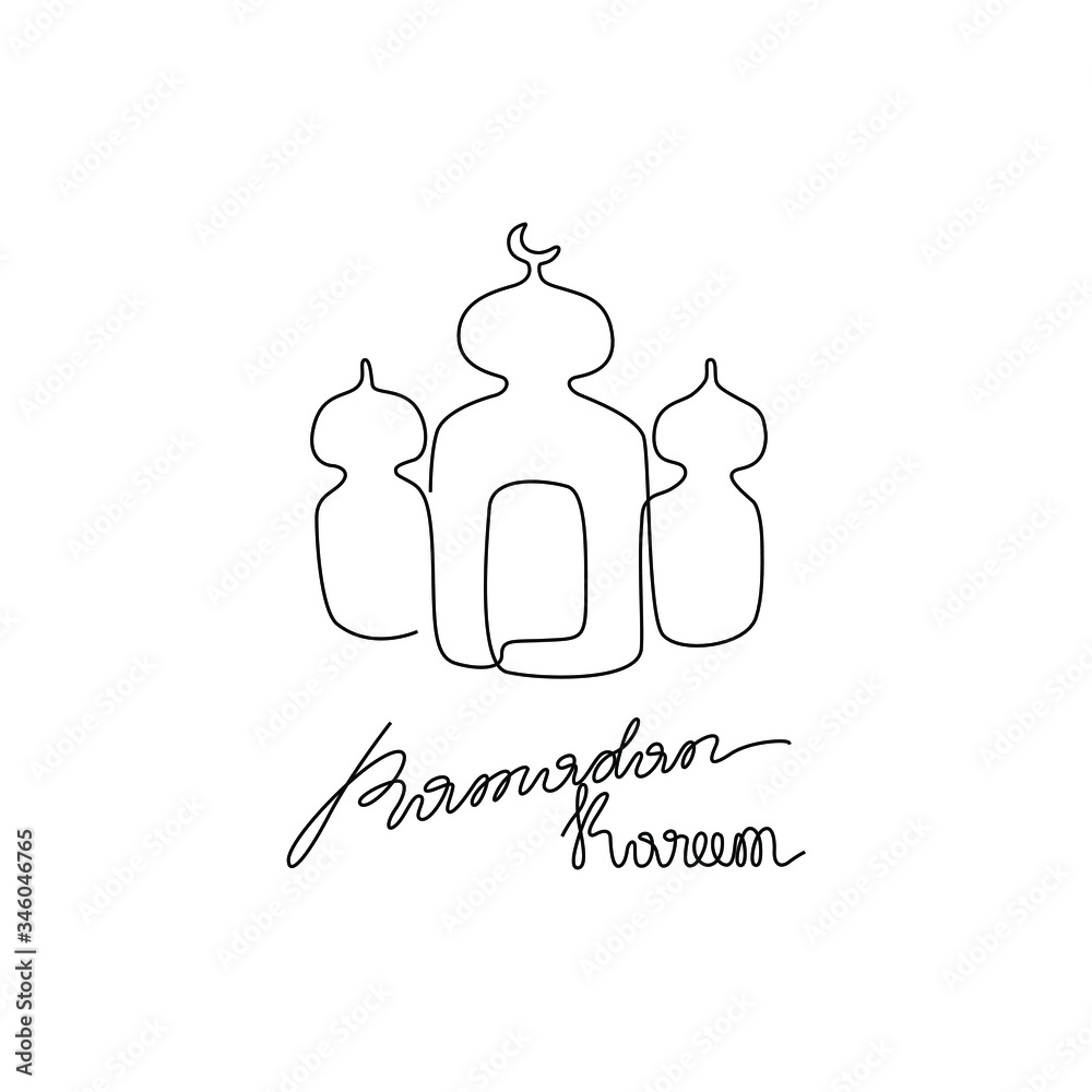 Ramadan Kareem islamic design crescent moon and mosque dome silhouette, continuous line drawing, small tattoo, print for clothes and logo design, emblem or logo design, isolated vector illustration. Ramadan Kareem islamic design crescent moon and mosque dome silhouette, continuous line drawing, small tattoo, print for clothes and logo design, emblem or logo design, isolated vector illustration.