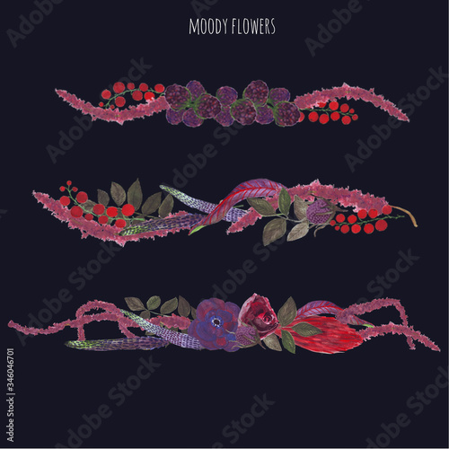Hand-drawn gouache textured set of flowers, leaves and berries in the style of Moody flowers on the dark wall background