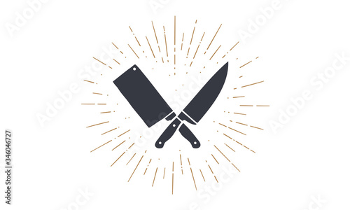 Set of restaurant knives icons. Silhouette two butcher knives - Cleaver and Chef Knives and sunburst. Logo template for meat business - farmer shop, market, butchery or design. Vector Illustration