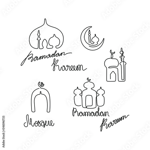 Ramadan Kareem islamic design crescent moon and mosque dome silhouette, continuous line drawing, small tattoo, print for clothes and logo design, emblem or logo design, isolated vector illustration.