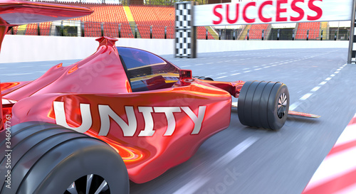 Unity and success - pictured as word Unity and a f1 car, to symbolize that Unity can help achieving success and prosperity in life and business, 3d illustration © GoodIdeas