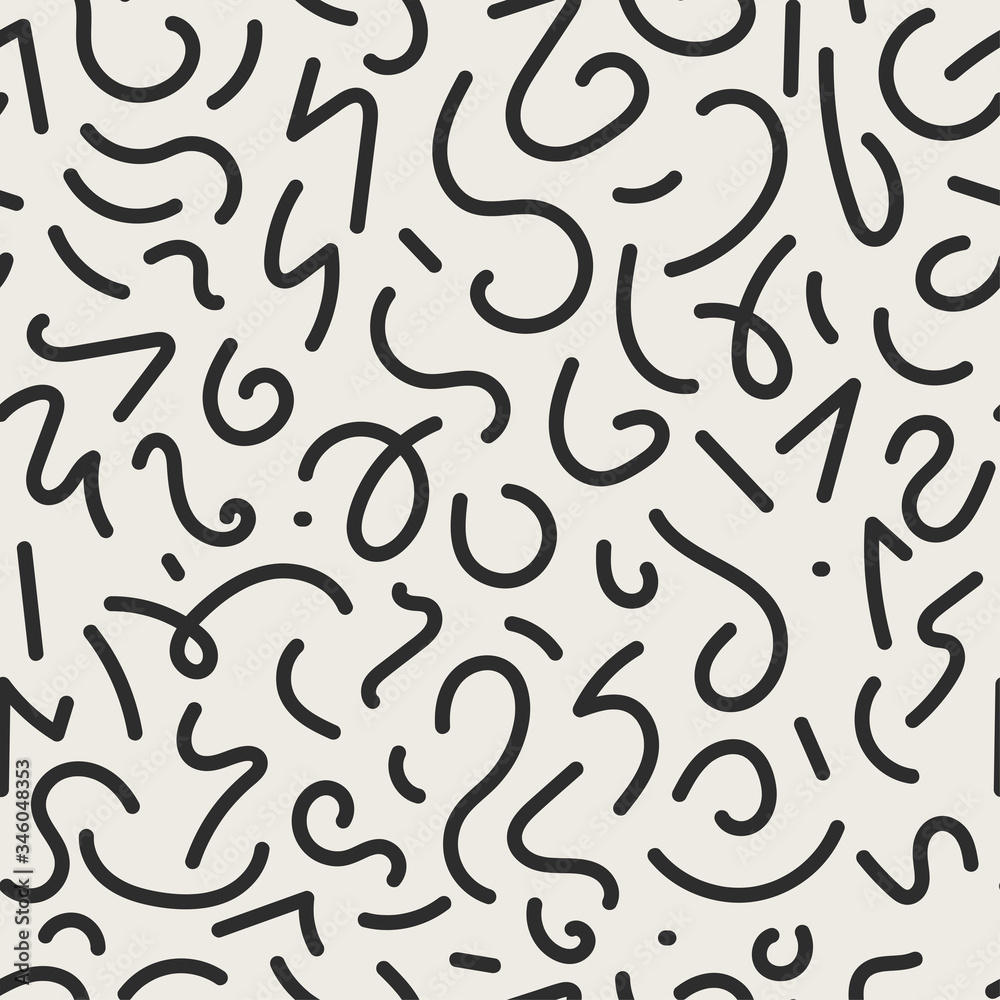 Vector seamless jumble geometric lines memphis pattern. Abstract trendy background. Hand drawn texture in doodle style