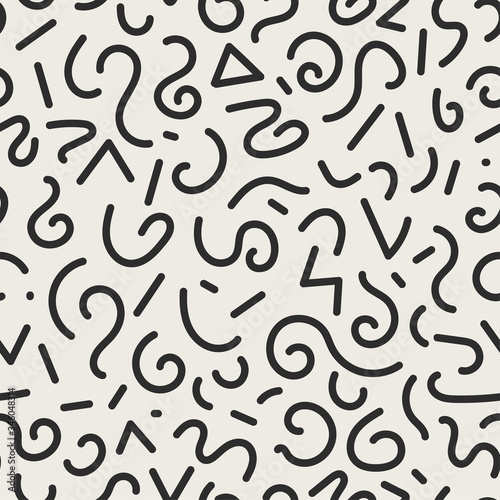 Vector seamless jumble geometric lines memphis pattern. Abstract trendy background. Hand drawn texture in doodle style