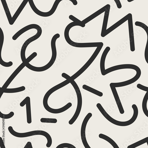 Vector seamless jumble geometric lines memphis pattern. Abstract trendy background. Hand drawn texture in doodle style