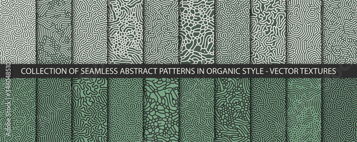 Set of 20 vector seamless organic rounded jumble maze lines patterns in green colors. Abstract backgrounds