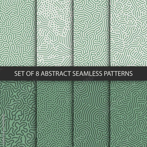 Set of 8 vector seamless green organic rounded jumble maze lines patterns. Abstract backgrounds
