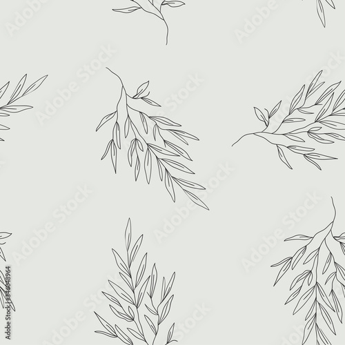 Seamless floral texture with branches and leaves. Vector nature repeating background. Delicate texture in pastel colors