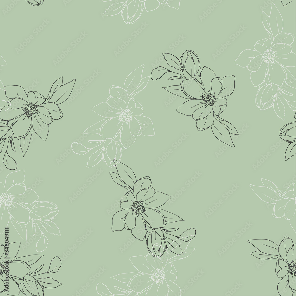 Seamless floral pattern. Vector summer illustration with linear flowers. Hand drawn nature texture in pastel colors.