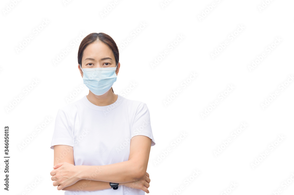 Woman wears medical face mask isolated in white background coronavirus protection. Woman wears medical face mask isolated in white background coronavirus protection.