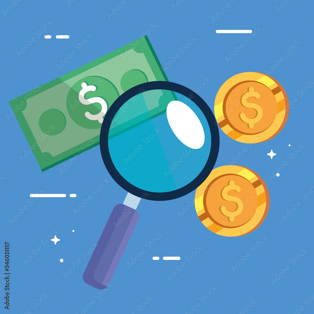 bill cash with coins and magnifying glass vector illustration design bill cash with coins and magnifying glass vector illustration design