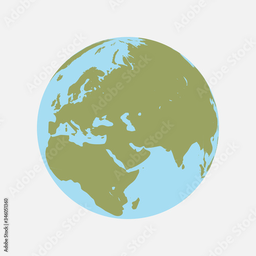 Planet Earth flat vector image. Globe with oceans and continents: Europe, Asia and Africa. Blue and green coloured Earth icon.
